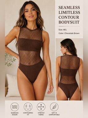 Zara Seamless Limitless Contour Bodysuit Chocolate Brown Mesh Size M/L NWT